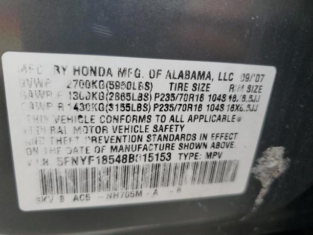 5FNYF18548B015153 - 2008 HONDA PILOT EXL GRAY photo 13