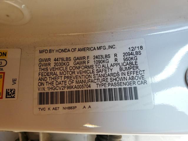 1HGCV2F96KA005704 - 2019 HONDA ACCORD TOURING WHITE photo 12