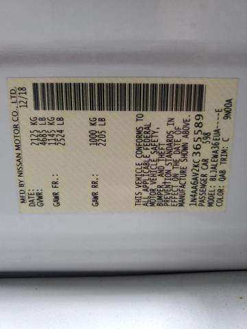 1N4AA6AV2KC365589 - 2019 NISSAN MAXIMA S Beyaz fotoğraf 12