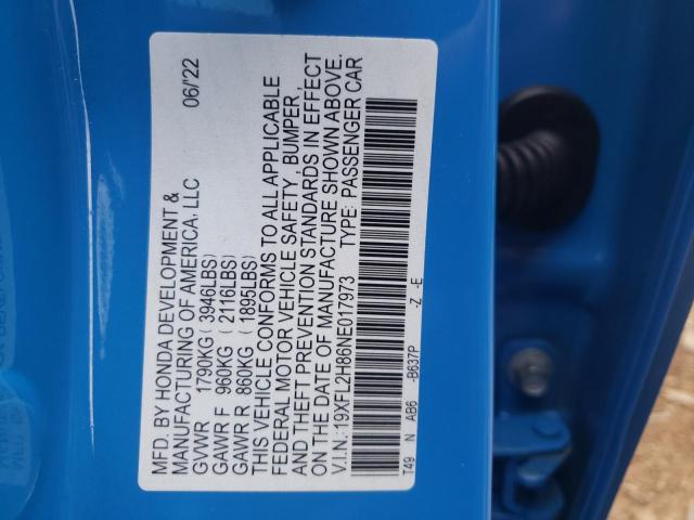 19XFL2H86NE017973 - 2022 HONDA CIVIC SPORT Mavi foto 12