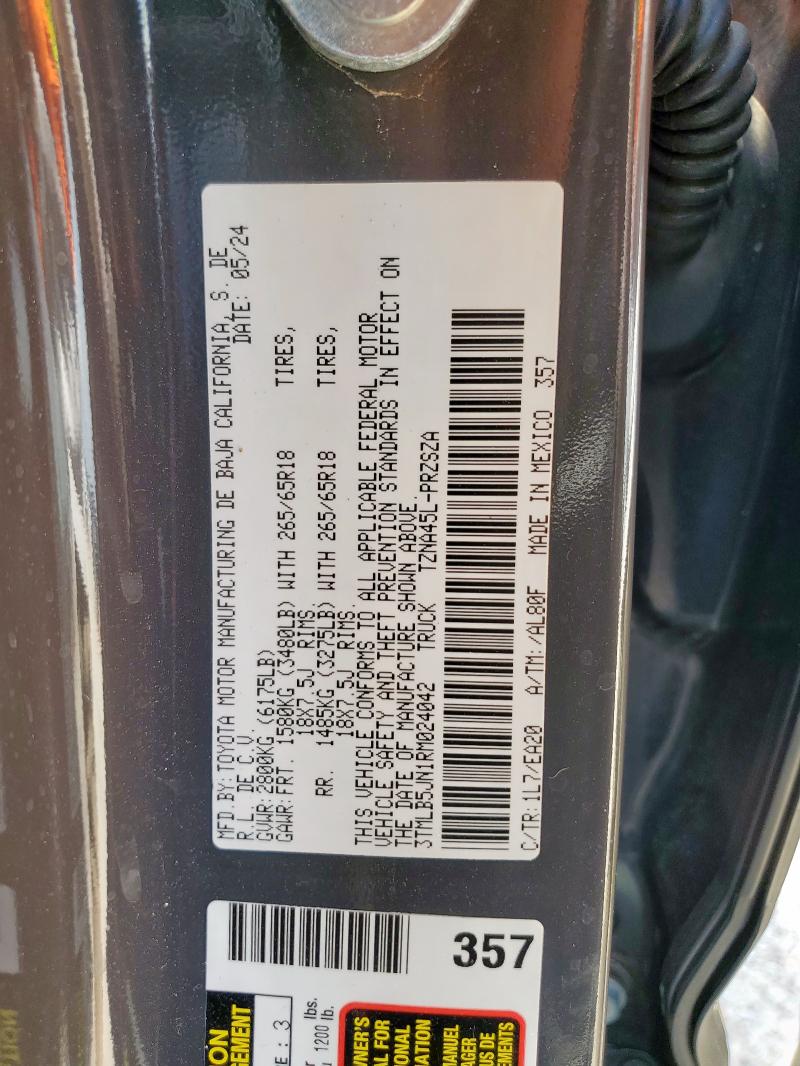 3TMLB5JN1RM024042 - 2024 TOYOTA TACOMA DOUBLE CAB 黑色 照片 12