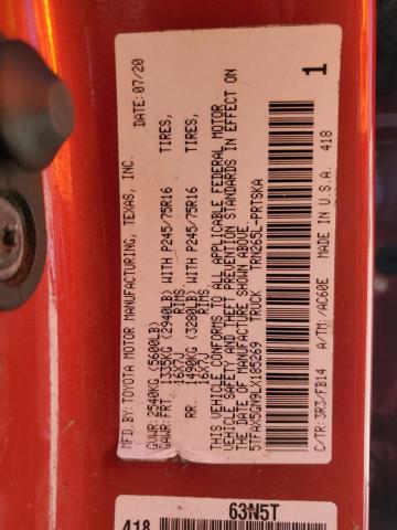 5TFAX5GN9LX185269 - 2020 TOYOTA TACOMA DOUBLE CAB 红色 照片 12