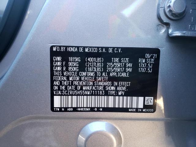 3CZRU5H55NM711183 - 2022 HONDA HR-V EX GRAY photo 10