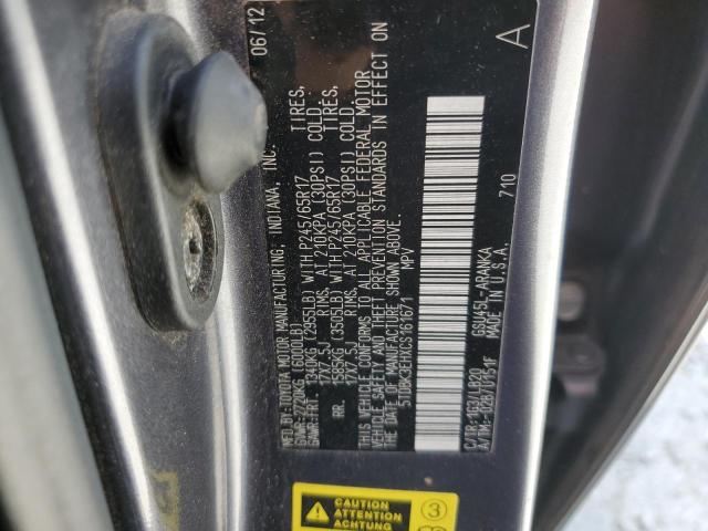 5TDBK3EHXCS161671 - 2012 TOYOTA HIGHLANDER BASE ნაცრისფერი ფოტო 13