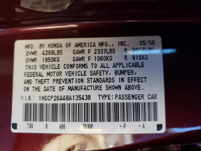 1HGCP26448A135438 - 2008 HONDA ACCORD LXP BURGUNDY photo 13