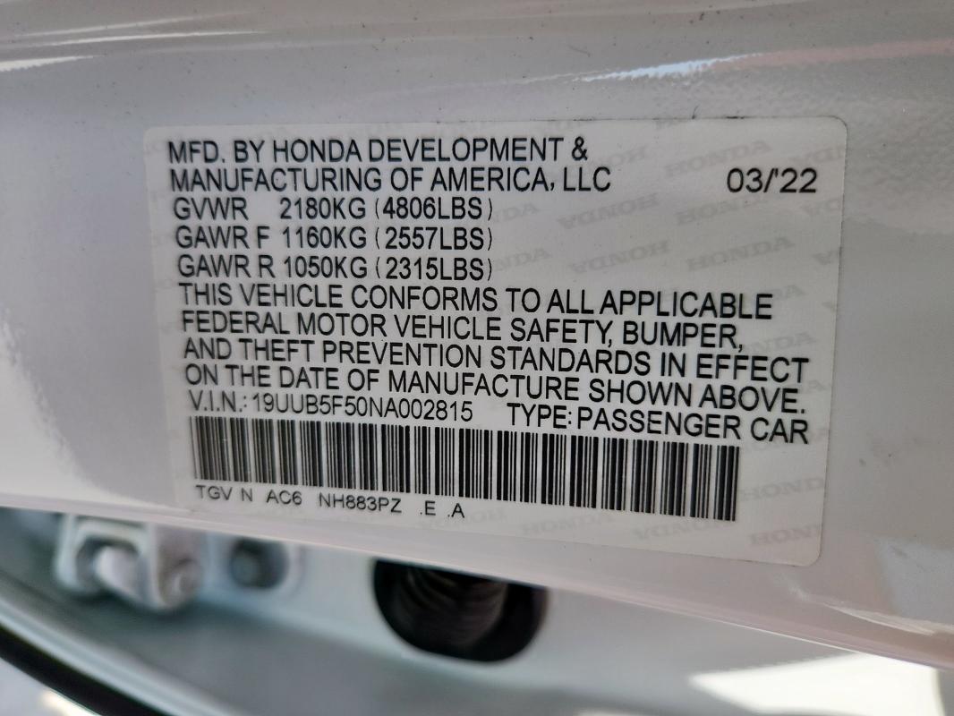 19UUB5F50NA002815 - 2022 ACURA TLX TECH A WHITE photo 13