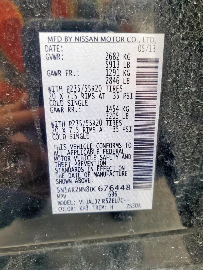 5N1AR2MN8DC676448 - 2013 NISSAN PATHFINDER S أسود صورة 13