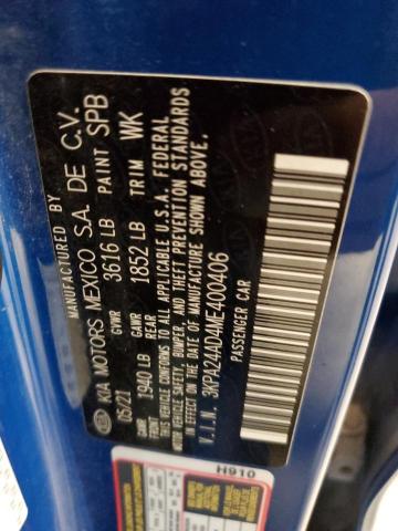 3KPA24AD4ME400406 - 2021 KIA RIO LX BLUE photo 12