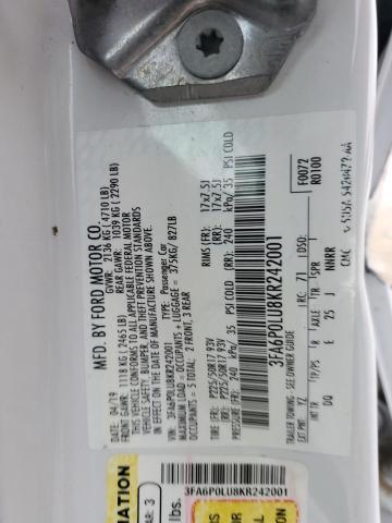 3FA6P0LU8KR242001 - 2019 FORD FUSION SE თეთრი ფოტო 12