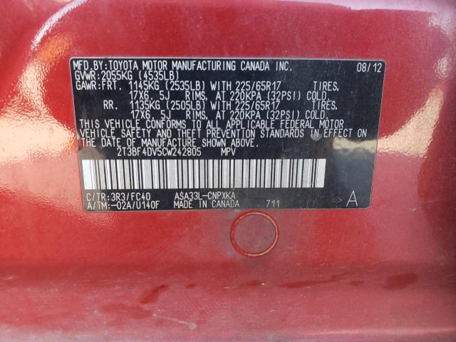 2T3BF4DV5CW242805 - 2012 TOYOTA RAV4 RED photo 12