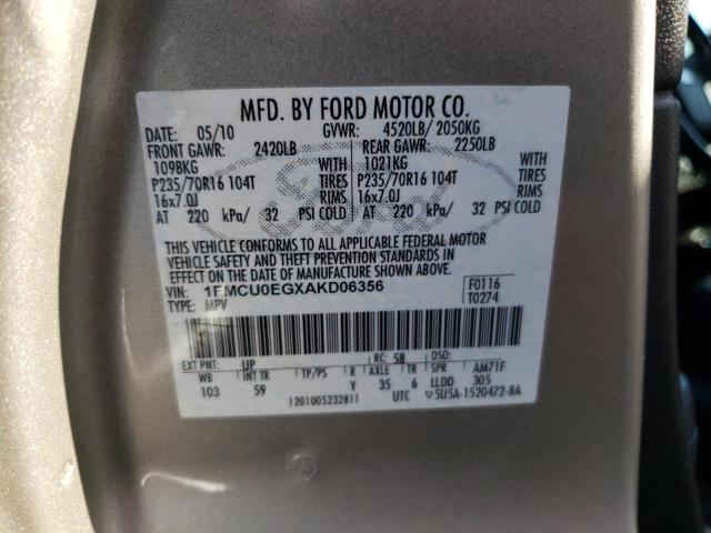 1FMCU0EGXAKD06356 - 2010 FORD ESCAPE LIMITED BEIGE photo 12