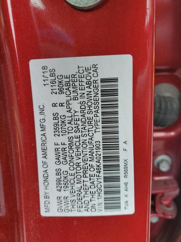 1HGCV1F46KA021903 - 2019 HONDA ACCORD EX Rot Foto 12