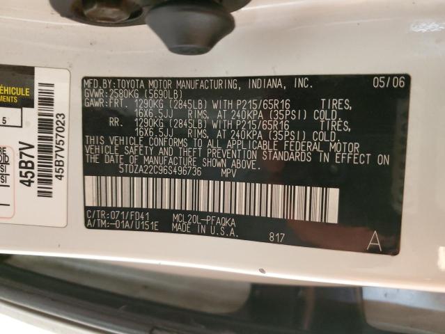 5TDZA22C96S496736 - 2006 TOYOTA SIENNA XLE 白色 照片 13