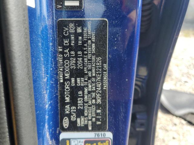 3KPF24AD7KE121826 - 2019 KIA FORTE FE BLUE photo 12