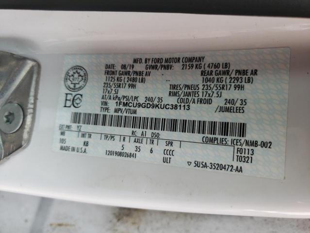 1FMCU9GD9KUC38113 - 2019 FORD ESCAPE SE WHITE photo 13