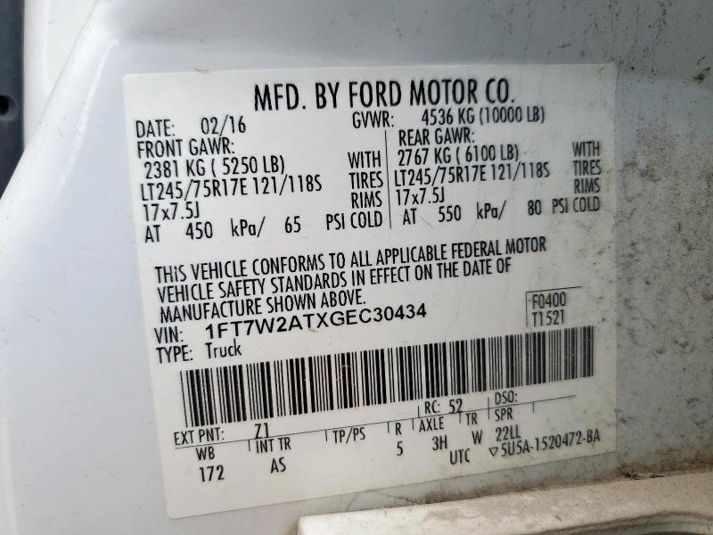 1FT7W2ATXGEC30434 - 2016 FORD F250 SUPER DUTY WHITE photo 13