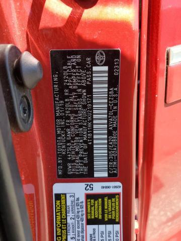 4T1B11HK1KU219171 - 2019 TOYOTA CAMRY L RED photo 12