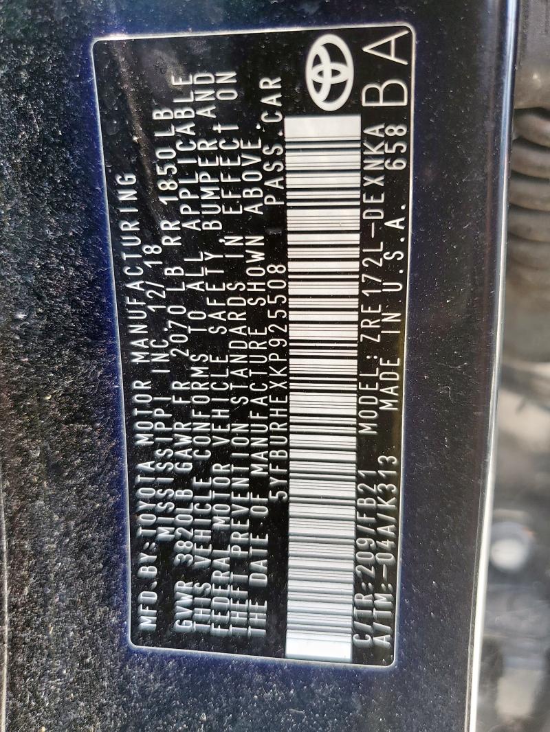 5YFBURHEXKP925508 - 2019 TOYOTA COROLLA L BLACK photo 13