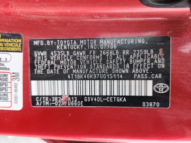 4T1BK46K97U015114 - 2007 TOYOTA CAMRY LE RED photo 12