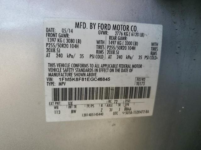 1FM5K8F81EGC48845 - 2014 FORD EXPLORER LIMITED SILVER photo 13