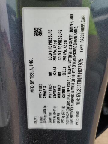 5YJ3E1EB0MF037975 - 2021 TESLA MODEL 3 ნაცრისფერი ფოტო 13