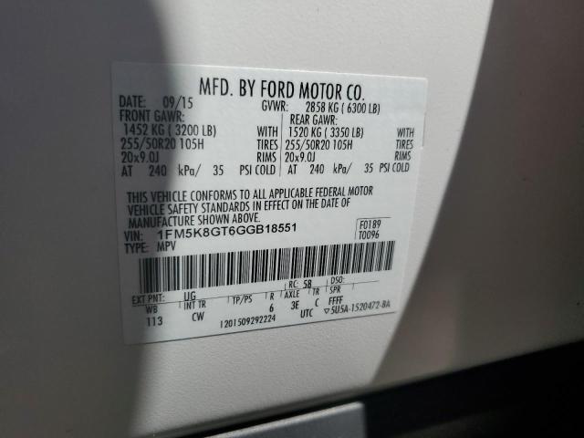 1FM5K8GT6GGB18551 - 2016 FORD EXPLORER SPORT Белый фото 13