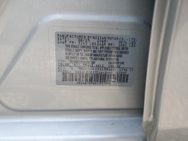 3N1AB7AP6KY397244 - 2019 NISSAN SENTRA S 银色 照片 12
