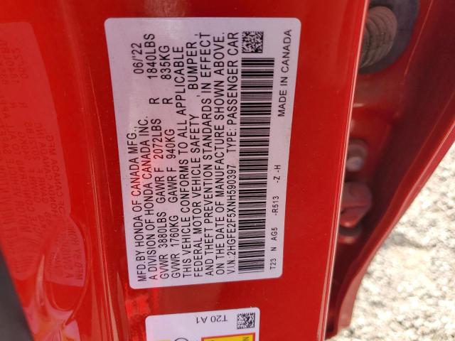 2HGFE2F5XNH590397 - 2022 HONDA CIVIC SPORT RED photo 12