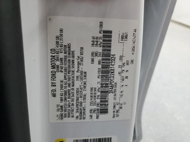 3FA6P0CD2KR142024 - 2019 FORD FUSION SEL WHITE photo 12