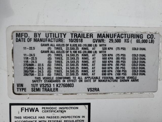 1UYVS2531K2760803 - 2019 UTILITY VS2RA Ақ фото 10