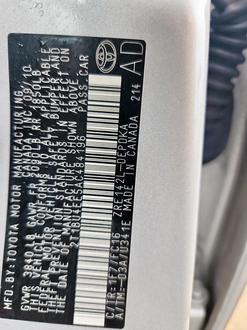 2T1BU4EE5AC484196 - 2010 TOYOTA COROLLA LE BASE SILVER photo 12