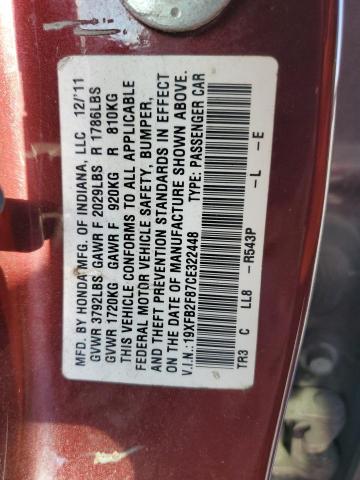 19XFB2F87CE322448 - 2012 HONDA CIVIC EX MAROON photo 13