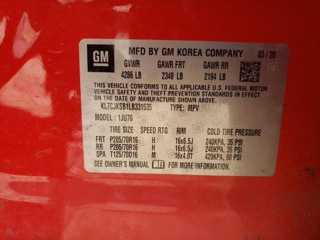 KL7CJKSB1LB331535 - 2020 CHEVROLET TRAX LS RED photo 13