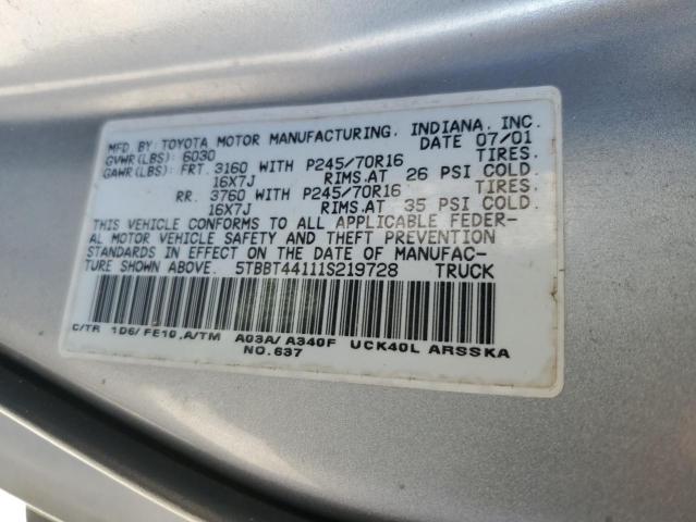 5TBBT44111S219728 - 2001 TOYOTA TUNDRA ACCESS CAB ვერცხლისფერი ფოტო 12