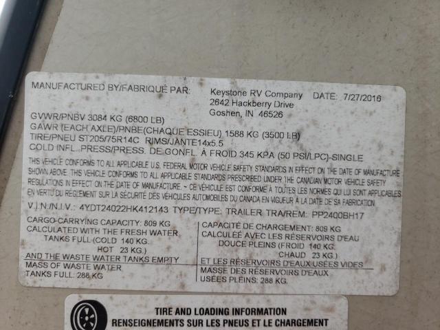4YDT24022HK412143 - 2017 KEYSTONE PASSPORT TAN photo 10