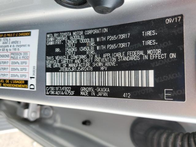 JTEBU5JR1J5492478 - 2018 TOYOTA 4RUNNER SR5/SR5 PREMIUM SILVER photo 13