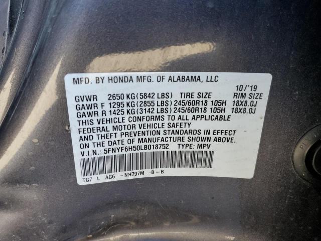 5FNYF6H50LB018752 - 2020 HONDA PILOT EXL GRAY photo 13