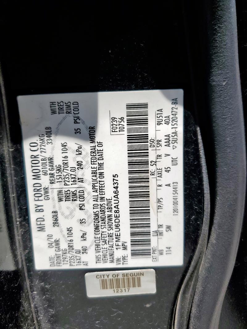 1FMEU6DE8AUA64375 - 2010 FORD EXPLORER XLT 黑色 照片 12