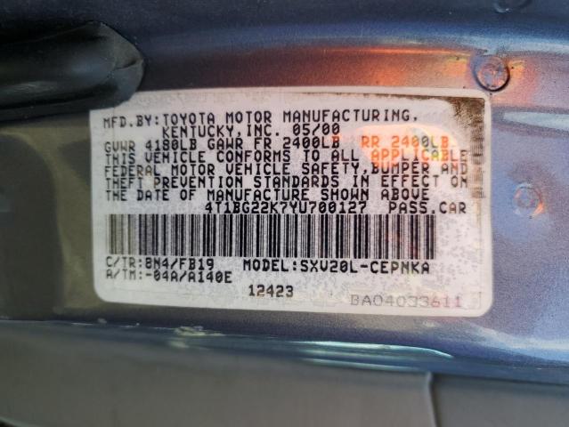 4T1BG22K7YU700127 - 2000 TOYOTA CAMRY CE BLUE photo 12