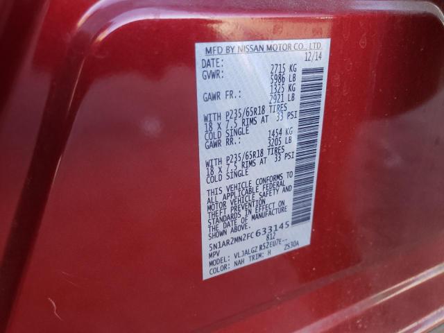 5N1AR2MN2FC633145 - 2015 NISSAN PATHFINDER S RED photo 14