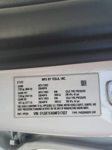 5YJ3E1EA5NF317027 - 2022 TESLA MODEL 3 WHITE photo 13
