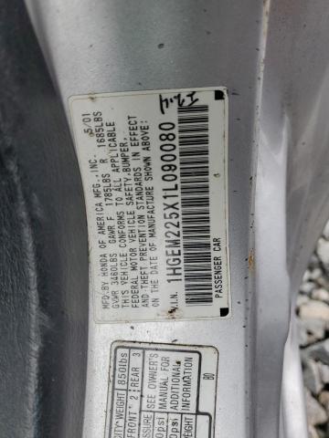 1HGEM225X1L090080 - 2001 HONDA CIVIC LX SILVER photo 12