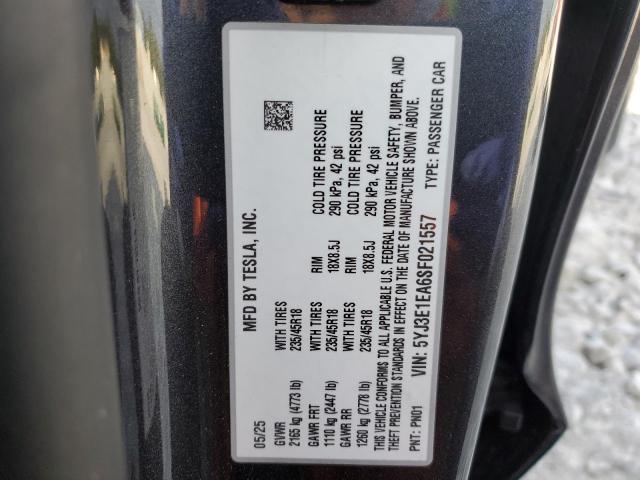 5YJ3E1EA6SF021557 - 2025 TESLA MODEL 3 CHARCOAL photo 13