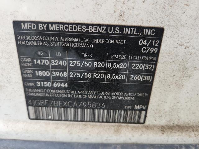 4JGBF7BEXCA795836 - 2012 MERCEDES-BENZ GL 450 4MATIC WHITE photo 13