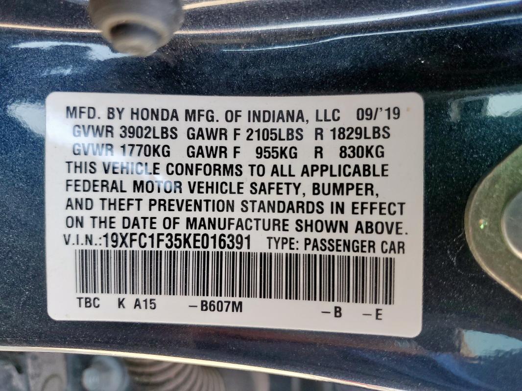 19XFC1F35KE016391 - 2019 HONDA CIVIC EX BLUE photo 13