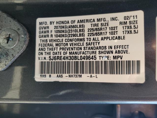 5J6RE4H30BL049645 - 2011 HONDA CR-V LX GRAY photo 13