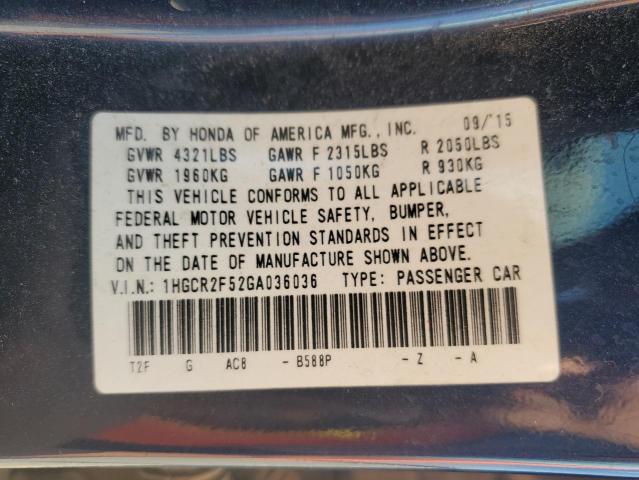 1HGCR2F52GA036036 - 2016 HONDA ACCORD SPORT ლურჯი ფოტო 12