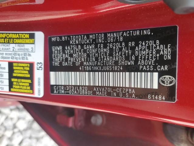 4T1B61HKXJU651824 - 2018 TOYOTA CAMRY XSE RED photo 12