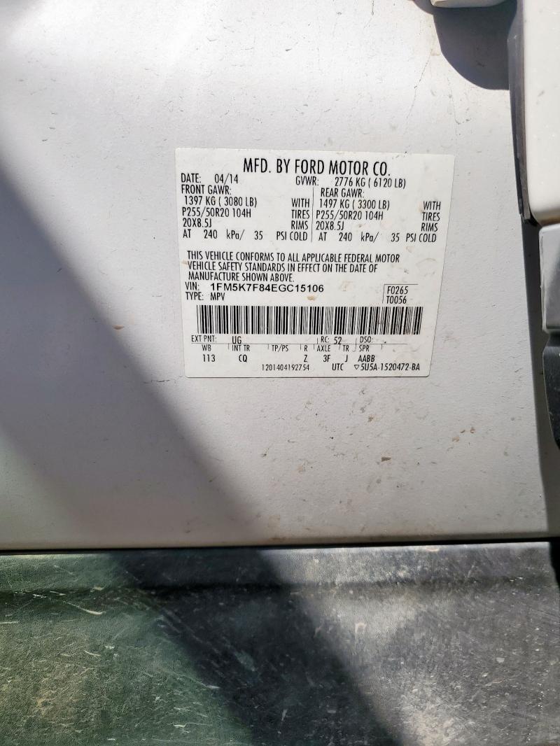 1FM5K7F84EGC15106 - 2014 FORD EXPLORER LIMITED WHITE photo 13