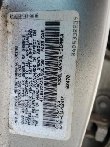4T1BE32K33U690796 - 2003 TOYOTA CAMRY LE SILVER photo 12